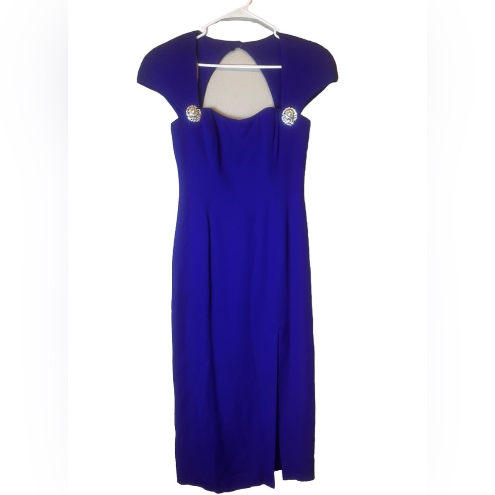 Vintage 80’s CACHE Blue‎ Evening Cocktail Dress with Broach Embellishments Sz 6